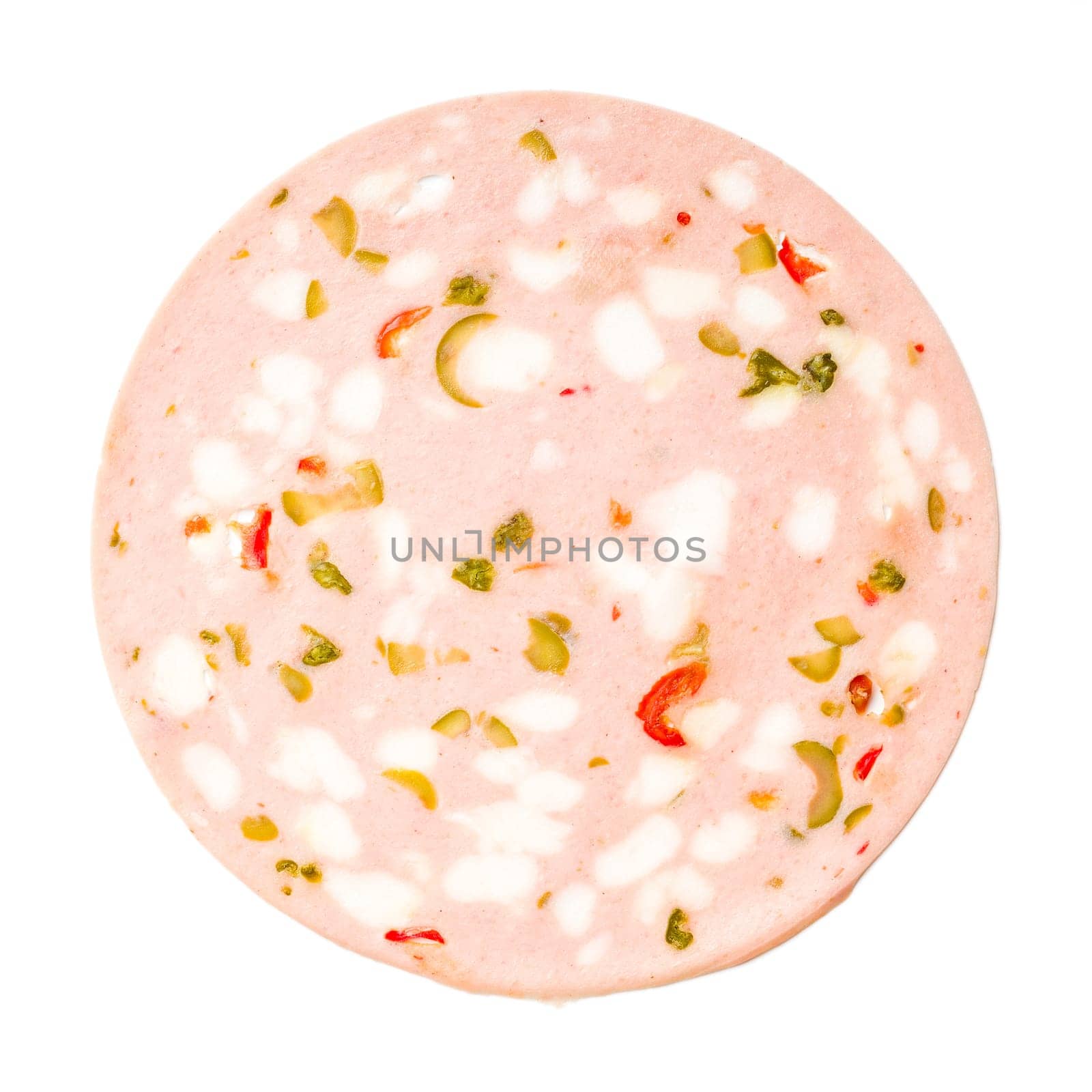 Slices of Sausage Mortadella isolated on a white background.