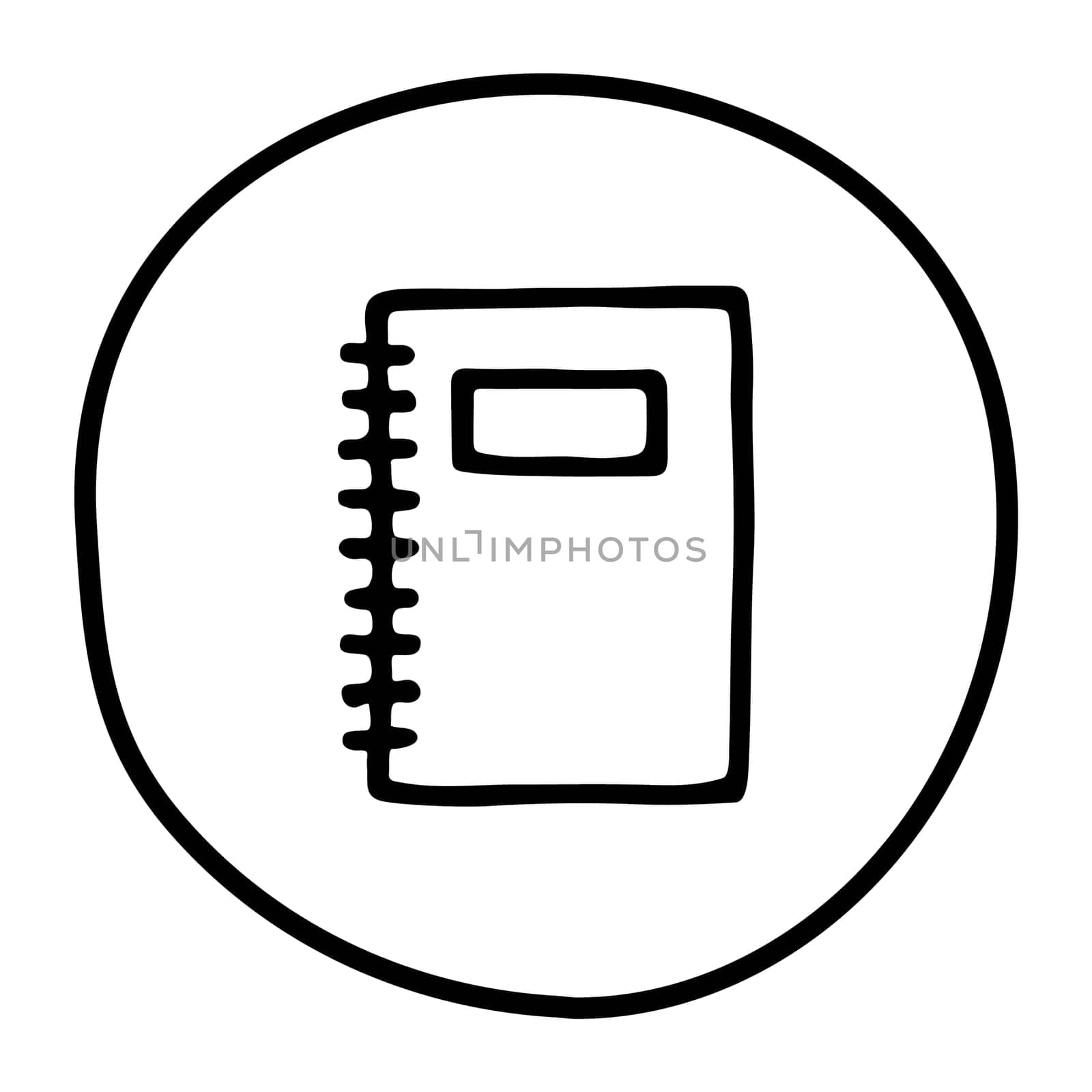 Doodle book or notebook icon, handdrawn with pen. Knowledge and education symbol painted in grunge freehand style. Vector illustration isolated on white background