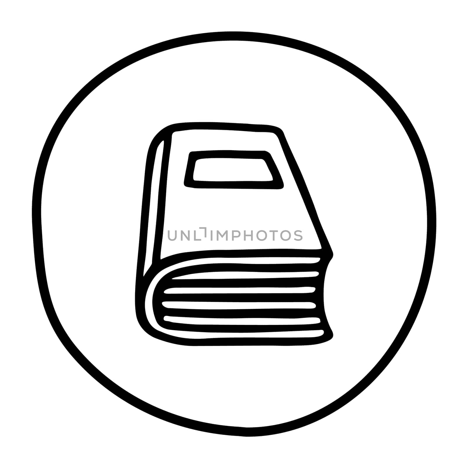 Doodle book icon handdrawn with ink pen. Knowledge and education symbol painted in grunge freehand style. Vector illustration isolated on white background