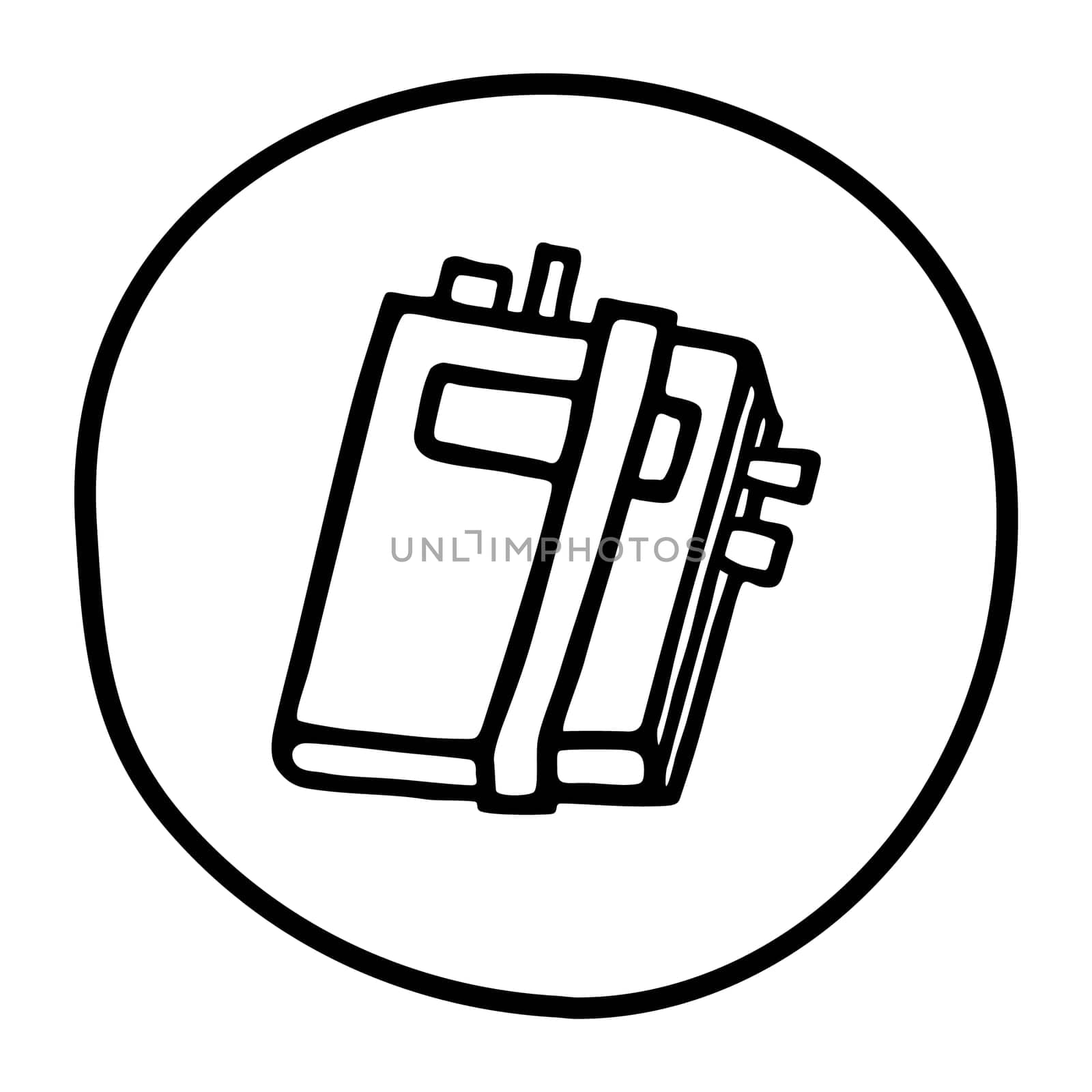 Doodle book or notebook icon with bookmark, handdrawn with pen. Knowledge and education symbol painted in grunge freehand style. Vector illustration isolated on white background