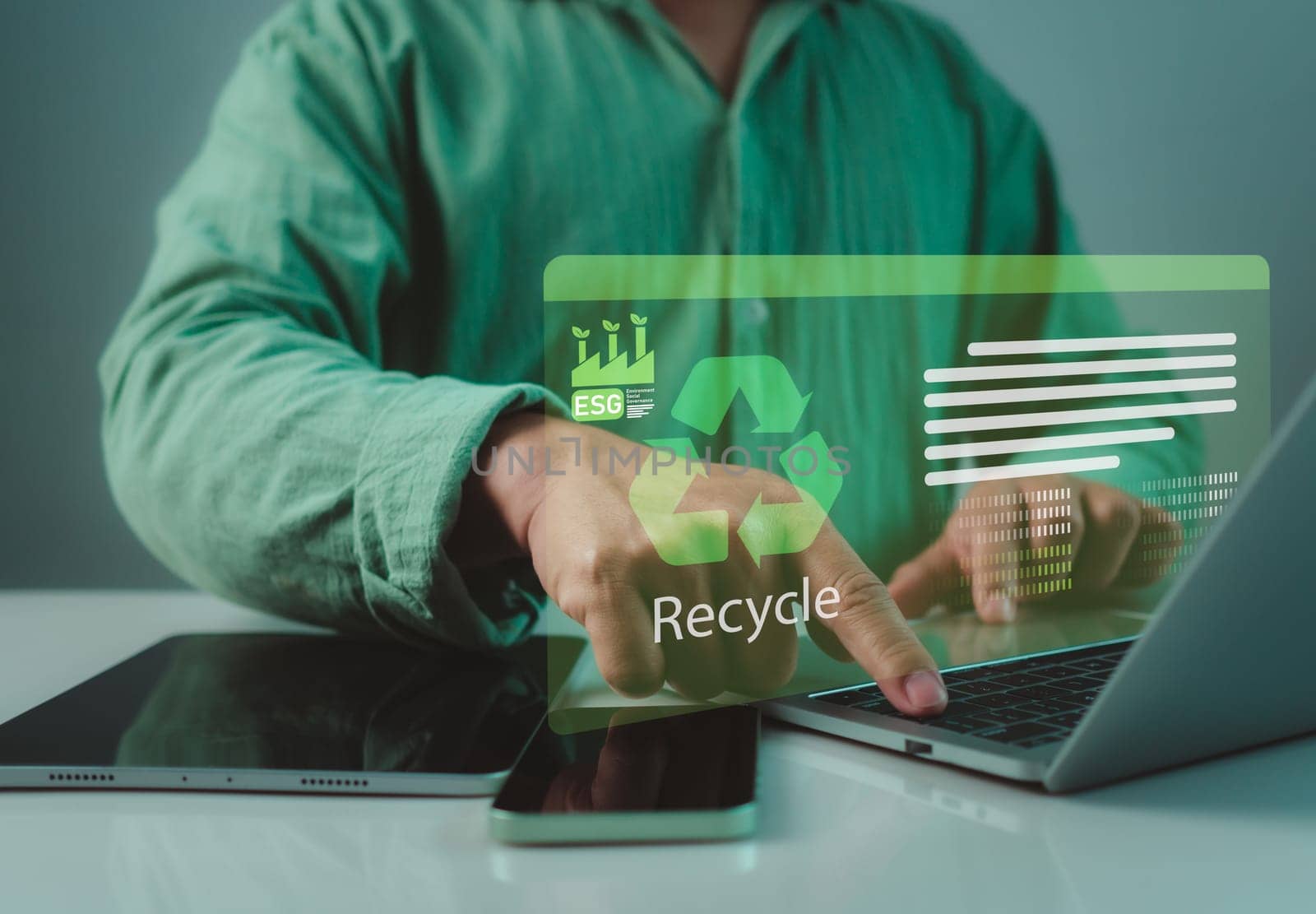 Environment conservation preservation save earth recycle concept, Ecological waste management and sustainable development, Businessman and recyclable symbols on virtual screen.