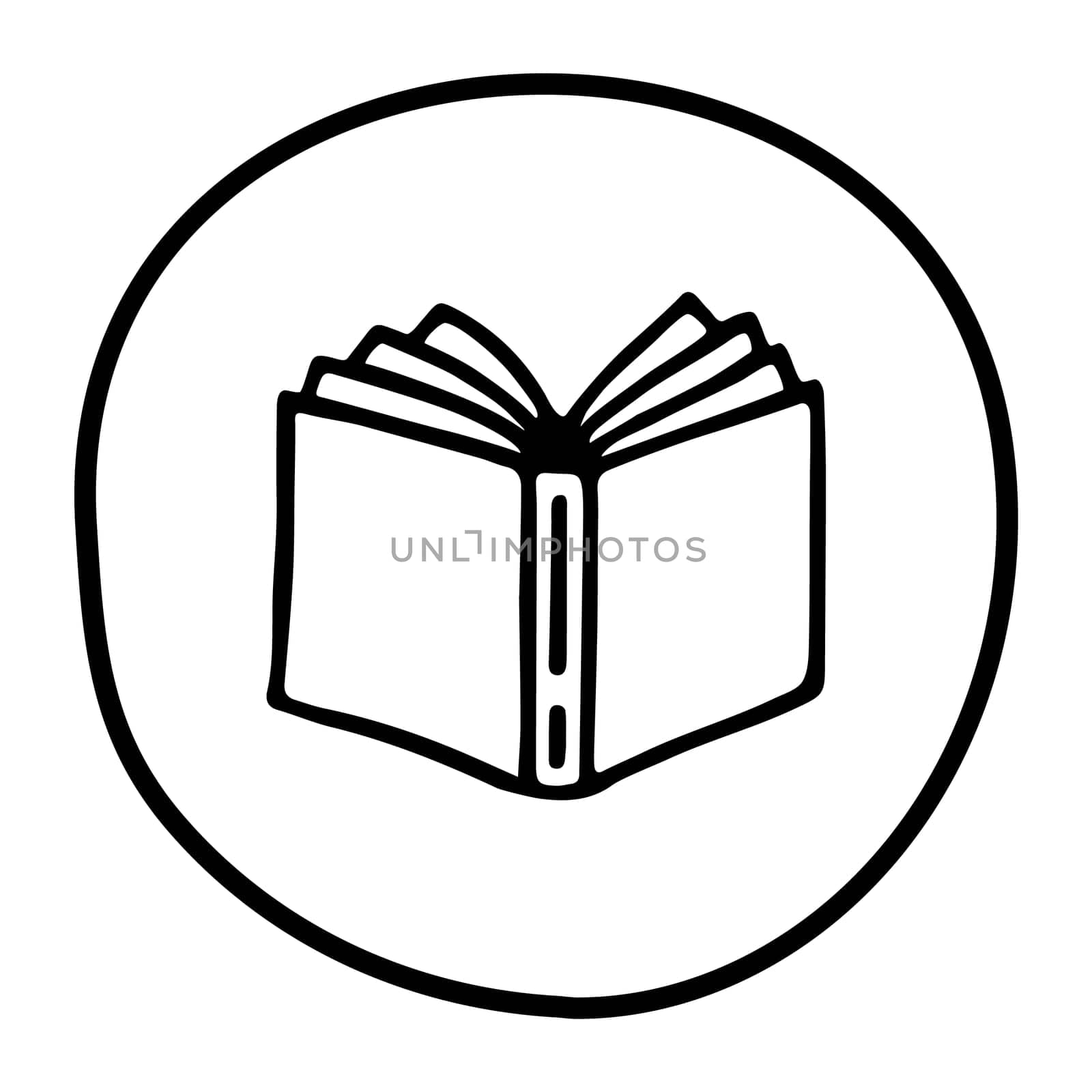 Doodle book icon handdrawn with ink pen. Knowledge and education symbol painted in grunge freehand style. Vector illustration isolated on white background
