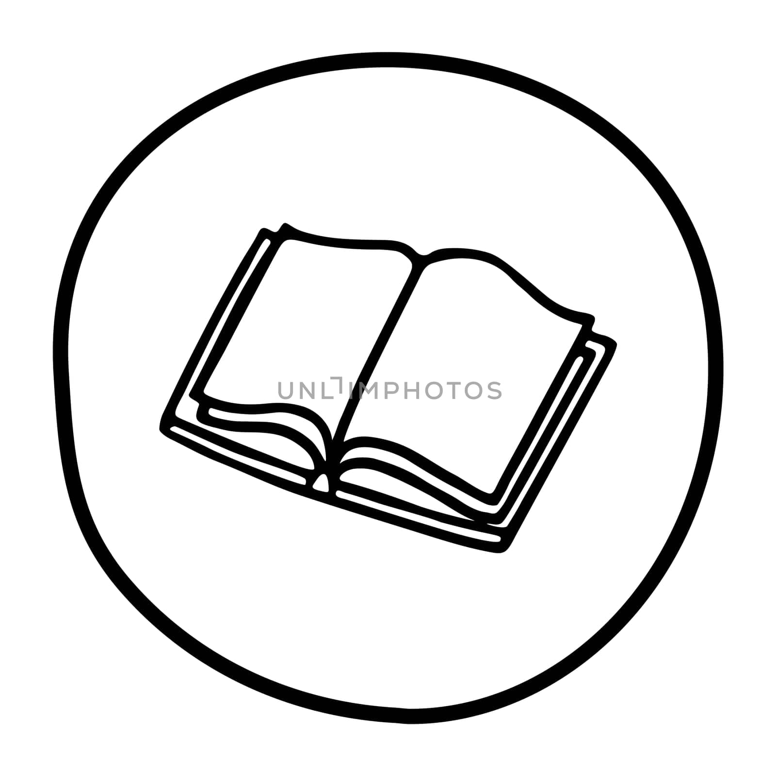 Doodle book icon handdrawn with ink pen. Knowledge and education symbol painted in grunge freehand style. Vector illustration isolated on white background