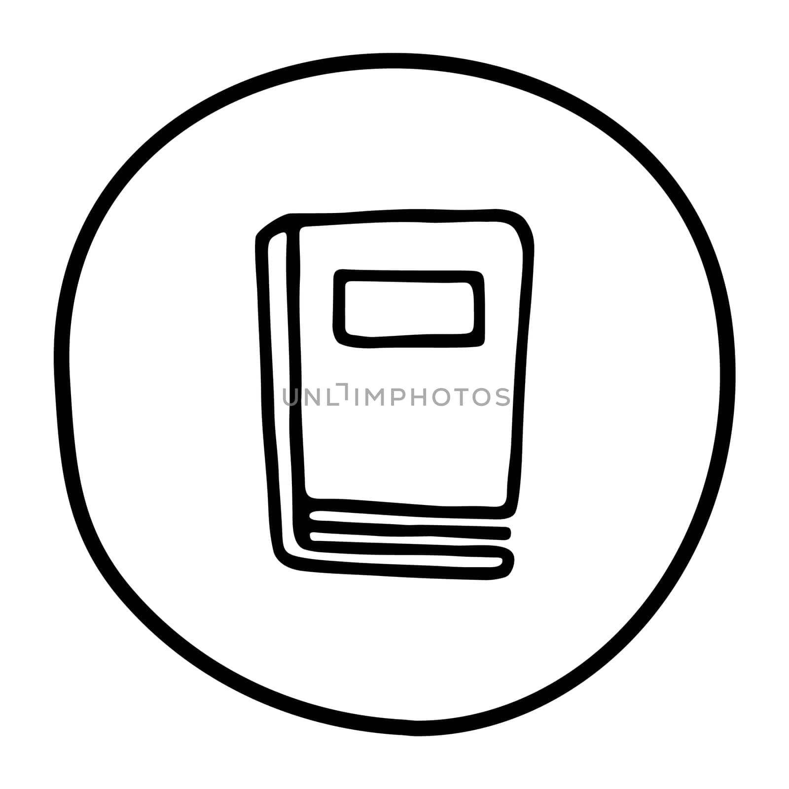 Doodle book icon handdrawn with ink pen. Knowledge and education symbol painted in grunge freehand style. Vector illustration isolated on white background