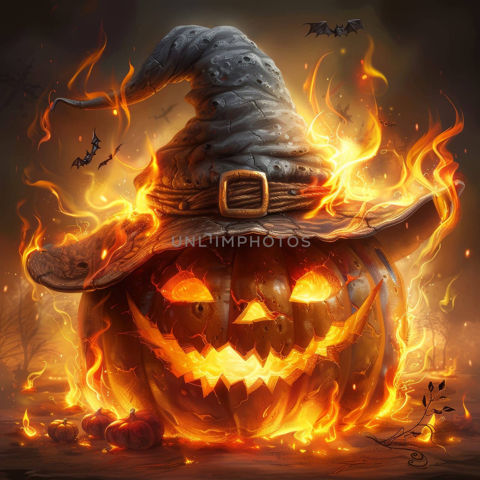 A carved pumpkin with a sinister grin emits a warm glow, adorned with a tattered witch's hat, surrounded by flickering flames and eerie bats against a dark backdrop, perfect for Halloween..