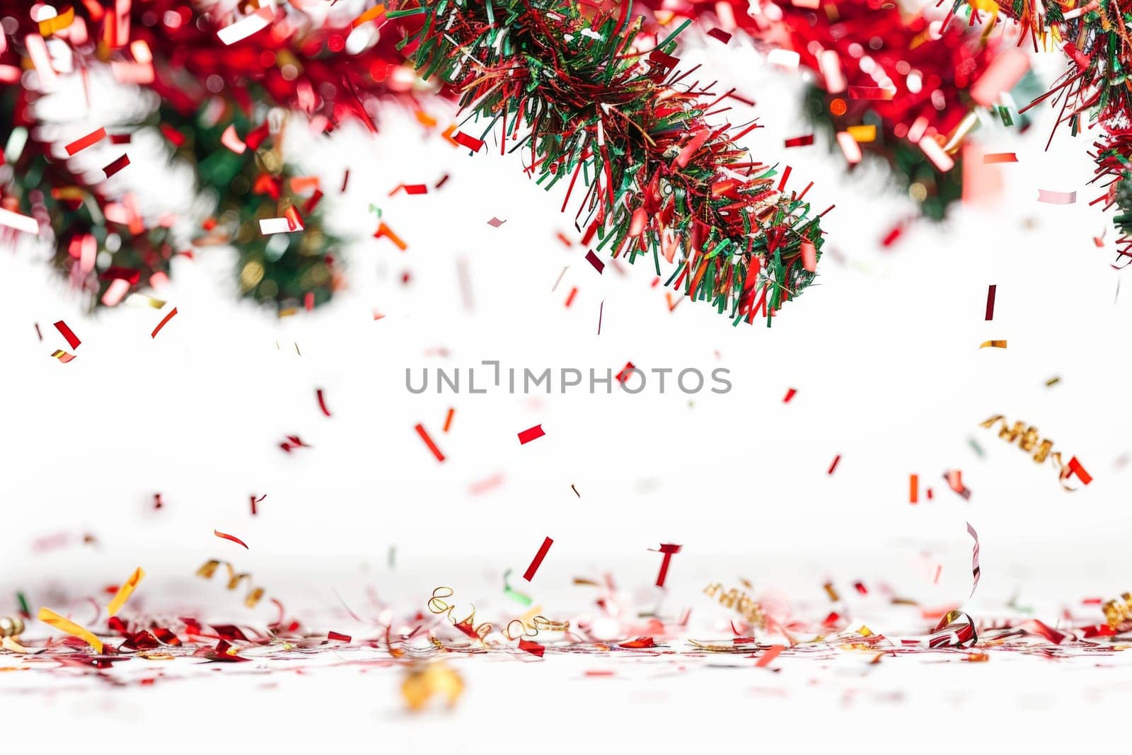 Colorful festive tinsel and confetti falling with white background, AI Generated