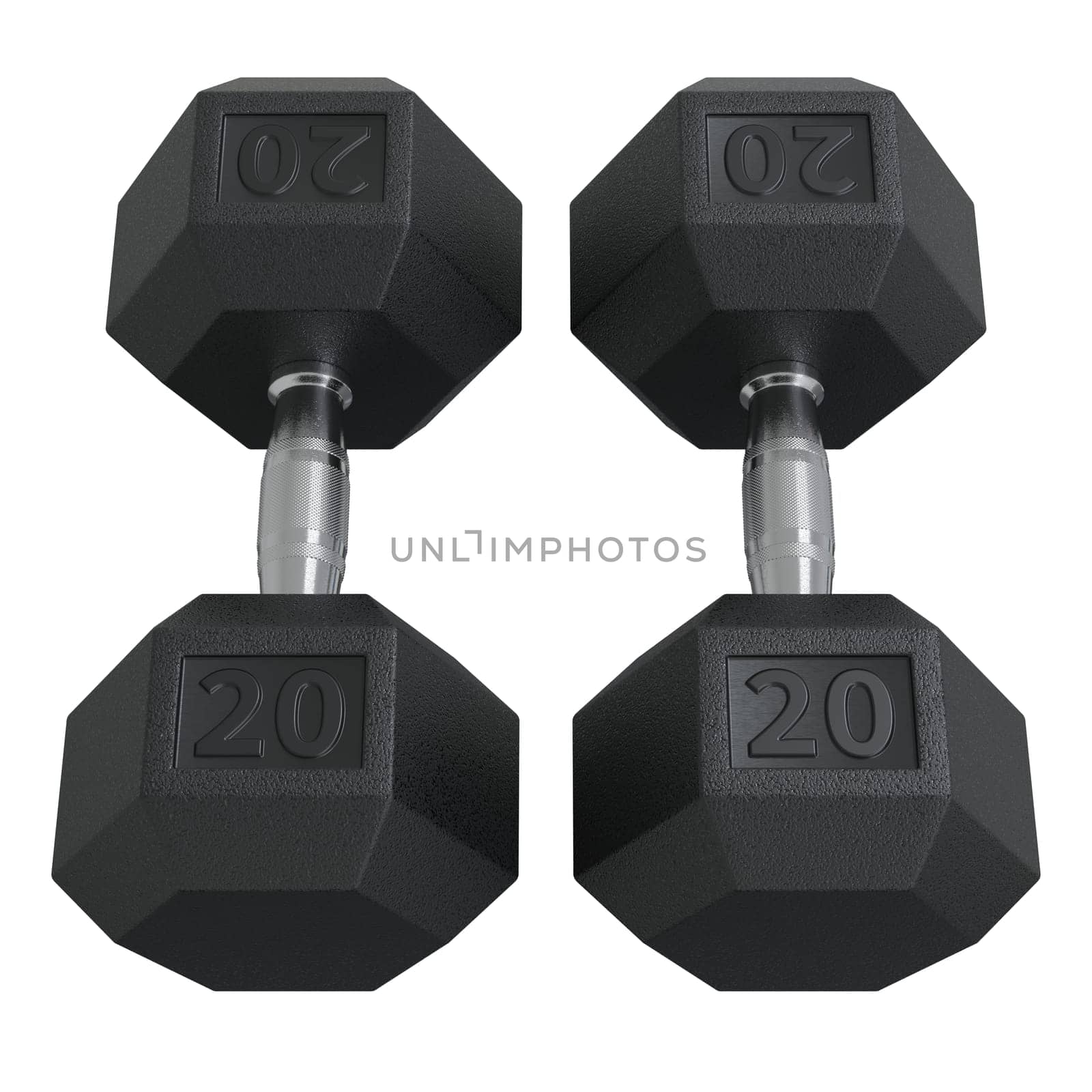 Two Hex Dumbbells with number 20, weightlifting gym equipment top view, isolated on white background. 3D illustration