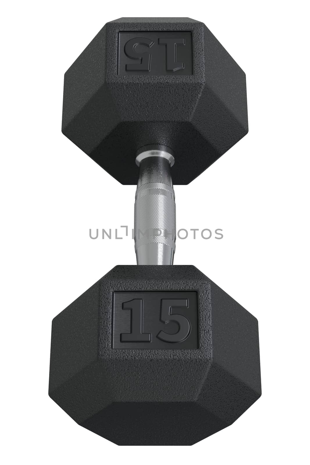 Hex Dumbbell with numbers 15, weightlifting gym equipment, top view, isolated on white background. 3D illustration