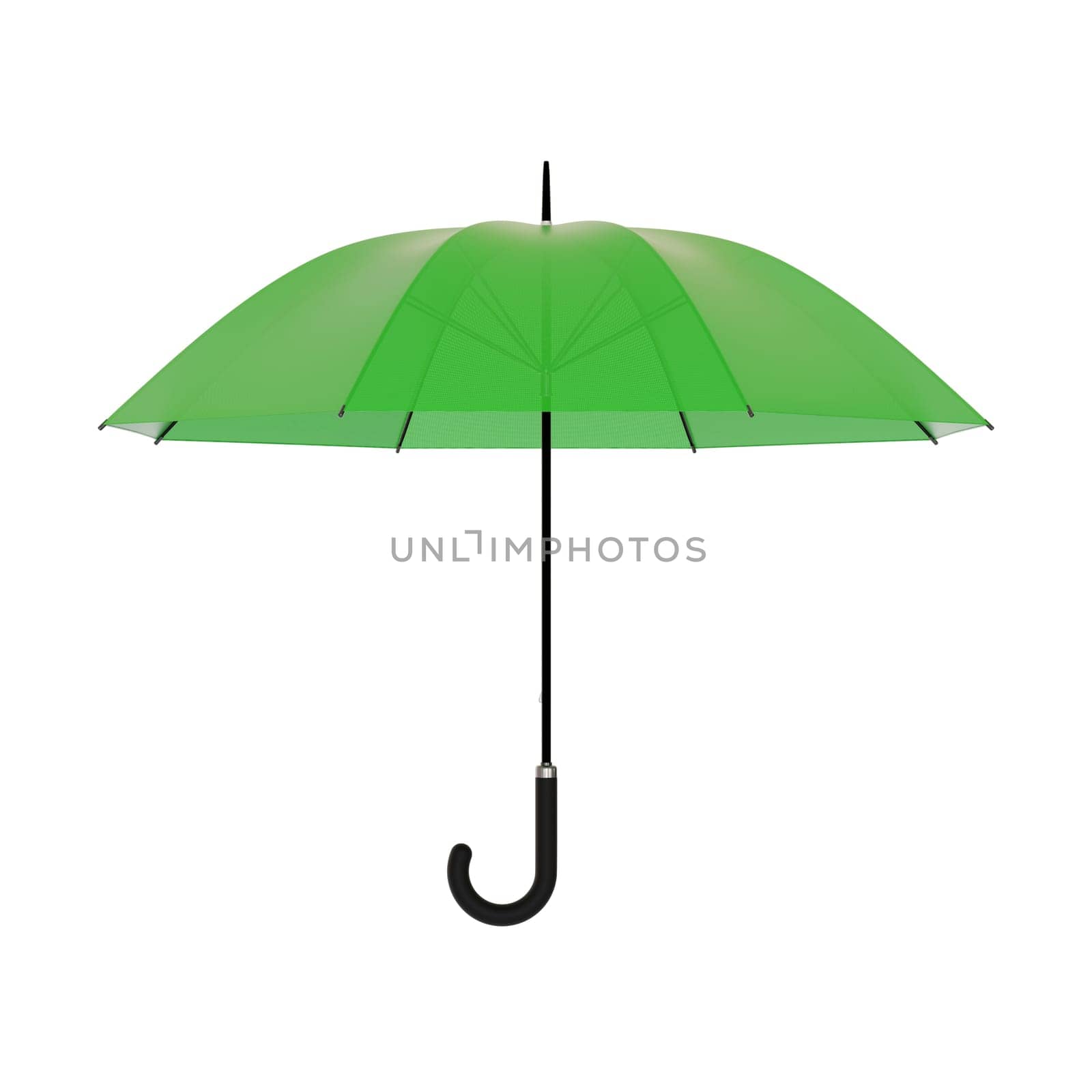 Open green umbrella with black handle, isolated on white background. 3D illustration
