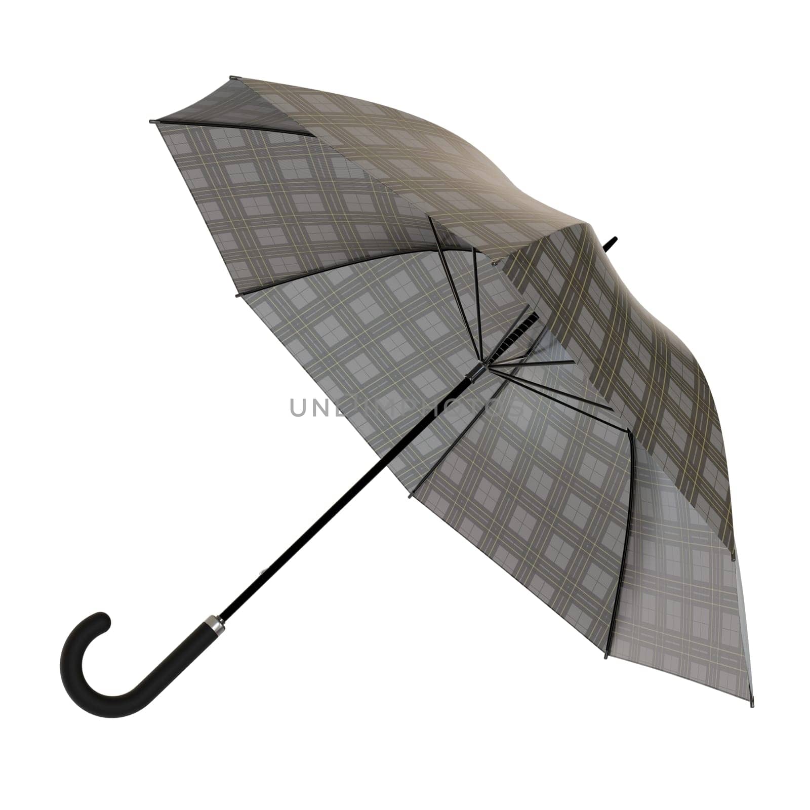 Open black umbrella with checkered plaid pattern black handle lying on a side or flying away, isolated on white background. 3D illustration