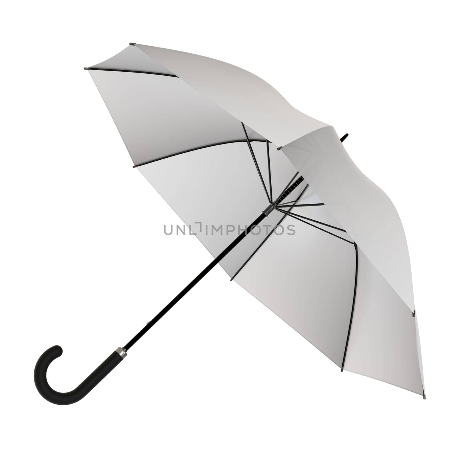Open white umbrella with black handle lying on a side or flying away, isolated on white background. 3D illustration