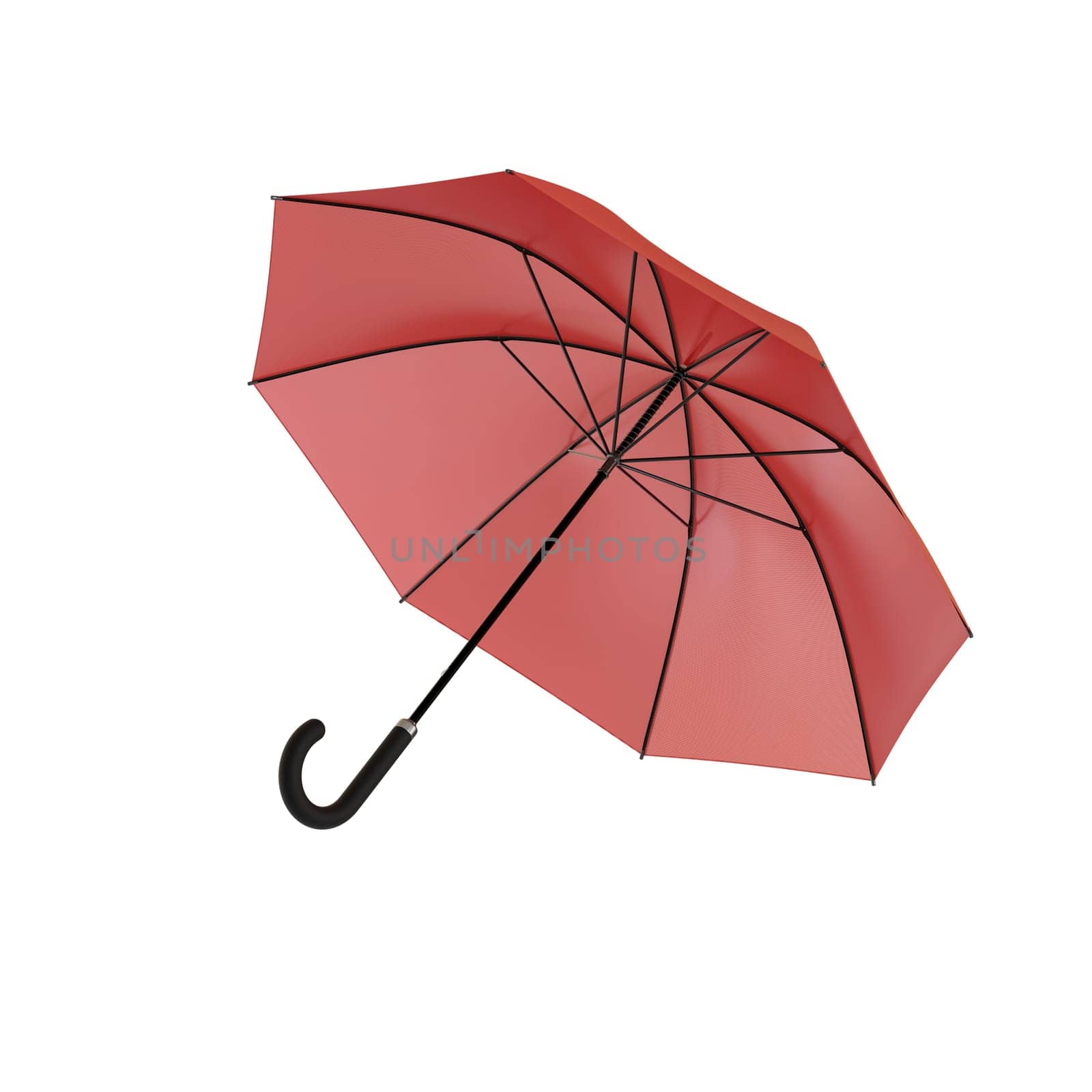 Open red umbrella with black handle lying on a side or flying away, isolated on white background. 3D illustration