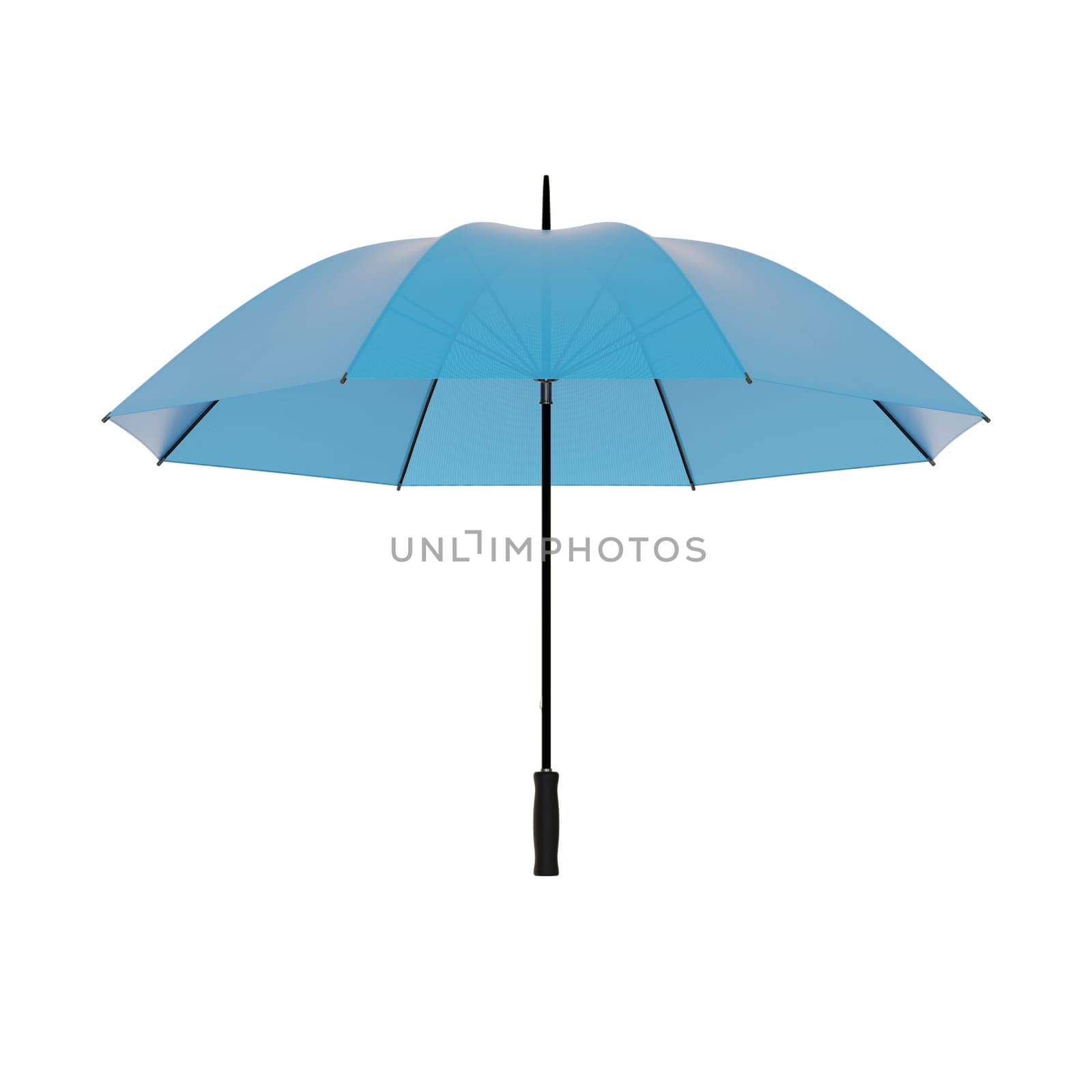 Open blue umbrella with black handle, isolated on white background. 3D illustration