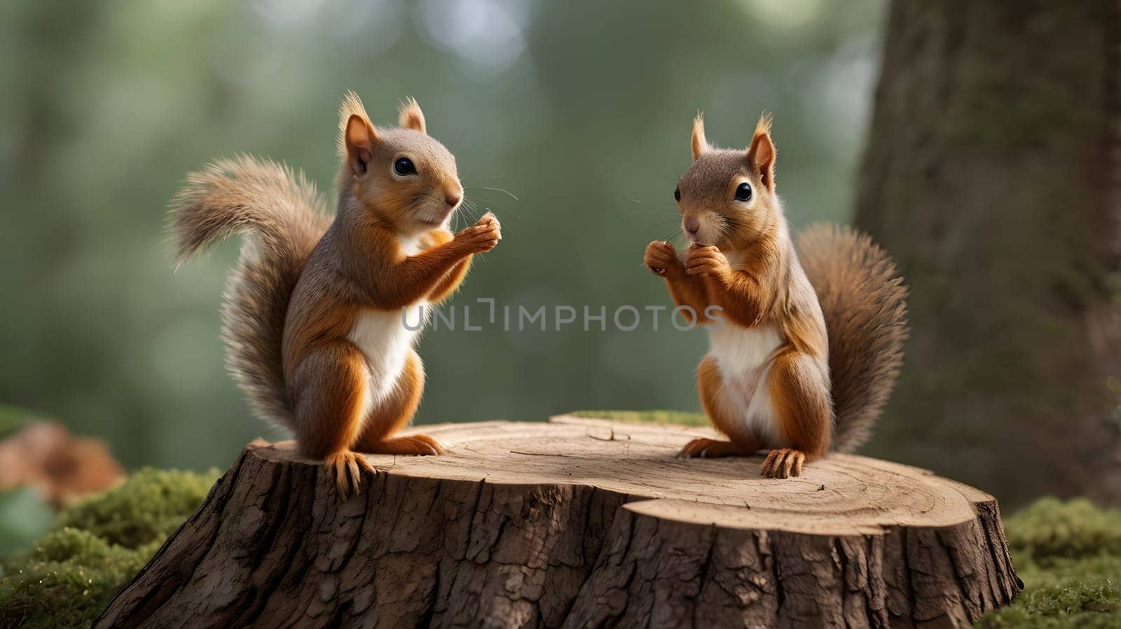 beautiful little brown squirrels sitting on a tree stump in the forest