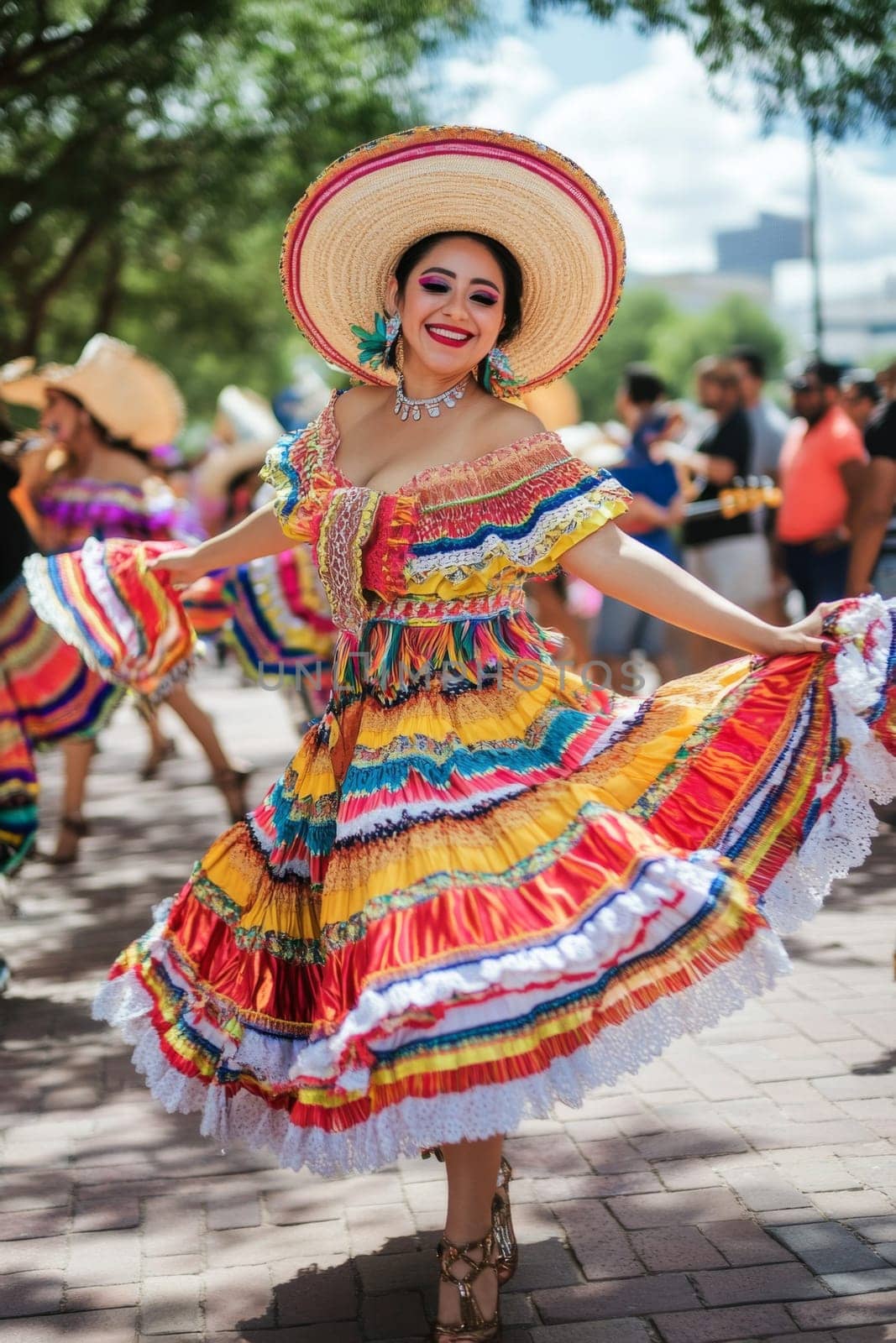 People in traditional Mexican clothing smiling and dancing outdoors, festive atmosphere, AI Generated