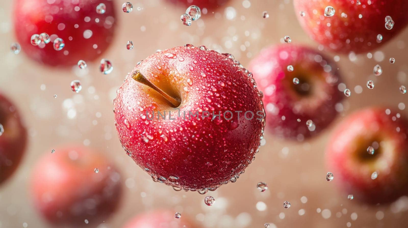 Fresh red apples with water splash. Concept of healthy eating, freshness and fruit.