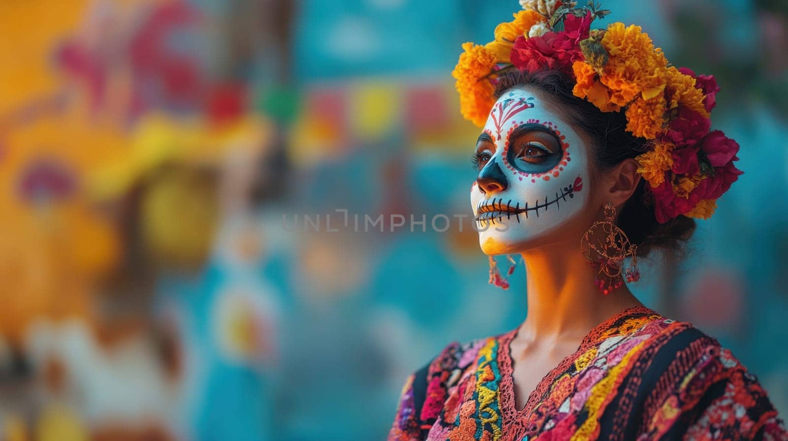 Woman with sugar skull makeup for Day of the Dead celebration. Concept of Dia de los Muertos, Mexican tradition, remembrance.