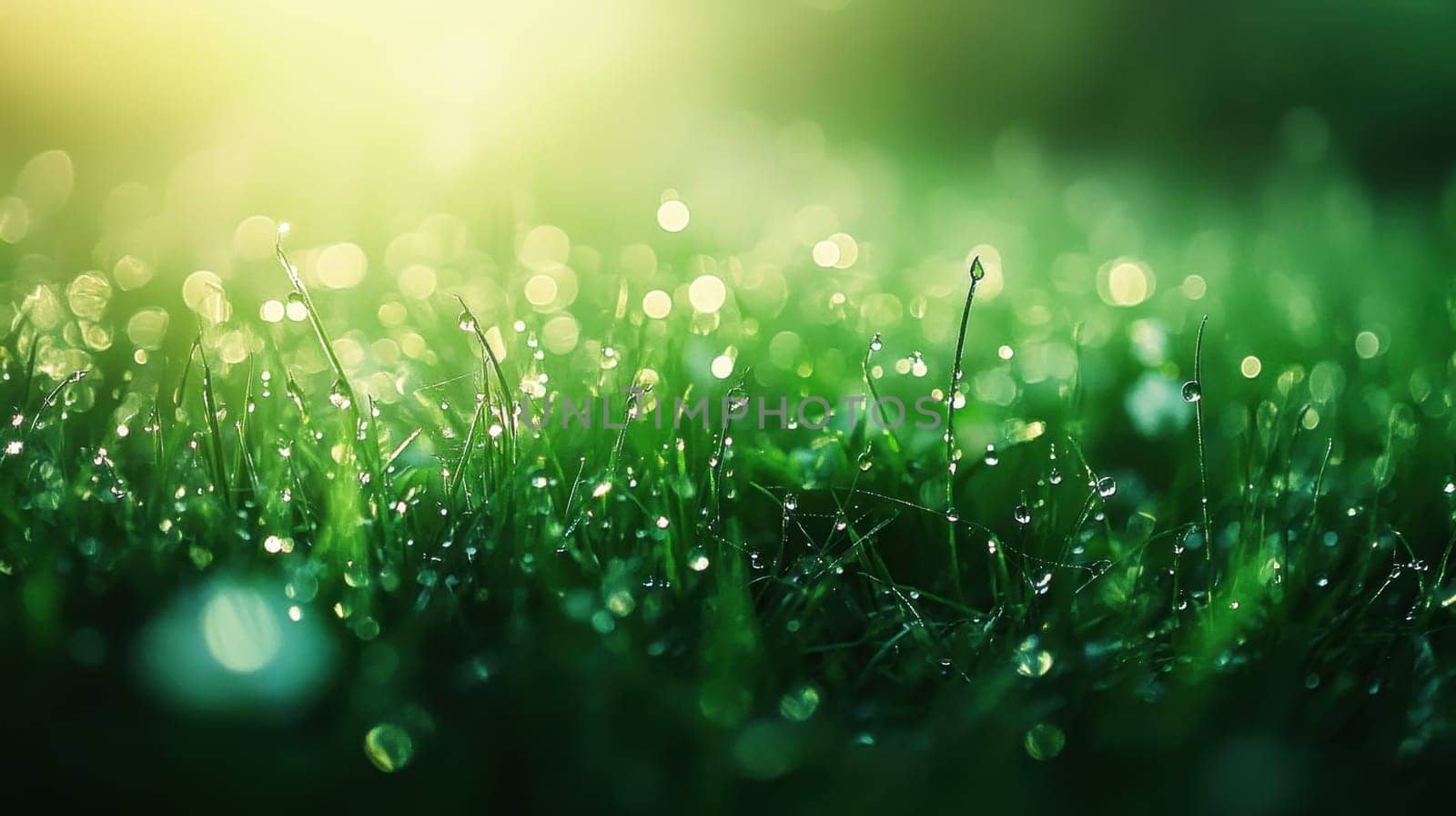 Dewdrops on lush green grass in morning sunlight. Concept spring, nature, freshness