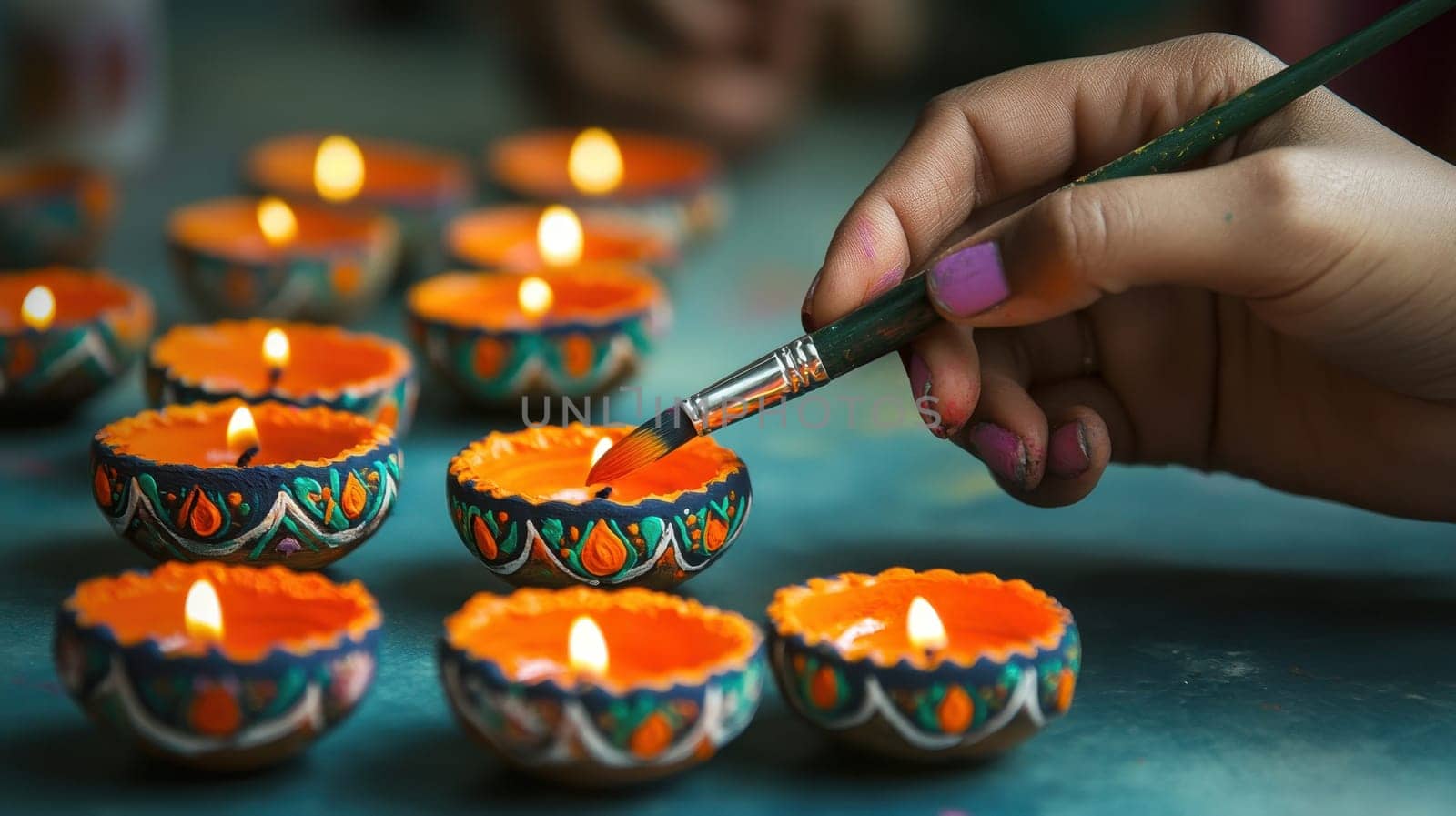 Woman painting Diya lamps for Diwali celebration. Concept of tradition, festivity, and spirituality.