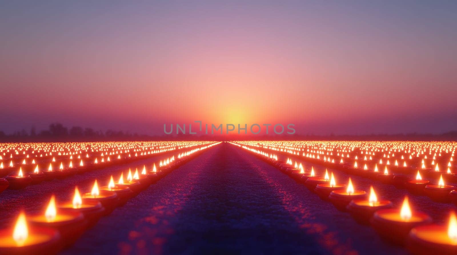 Thousands of glowing candles arranged in rows leading towards the sunset. Concept of hope, remembrance, spirituality.
