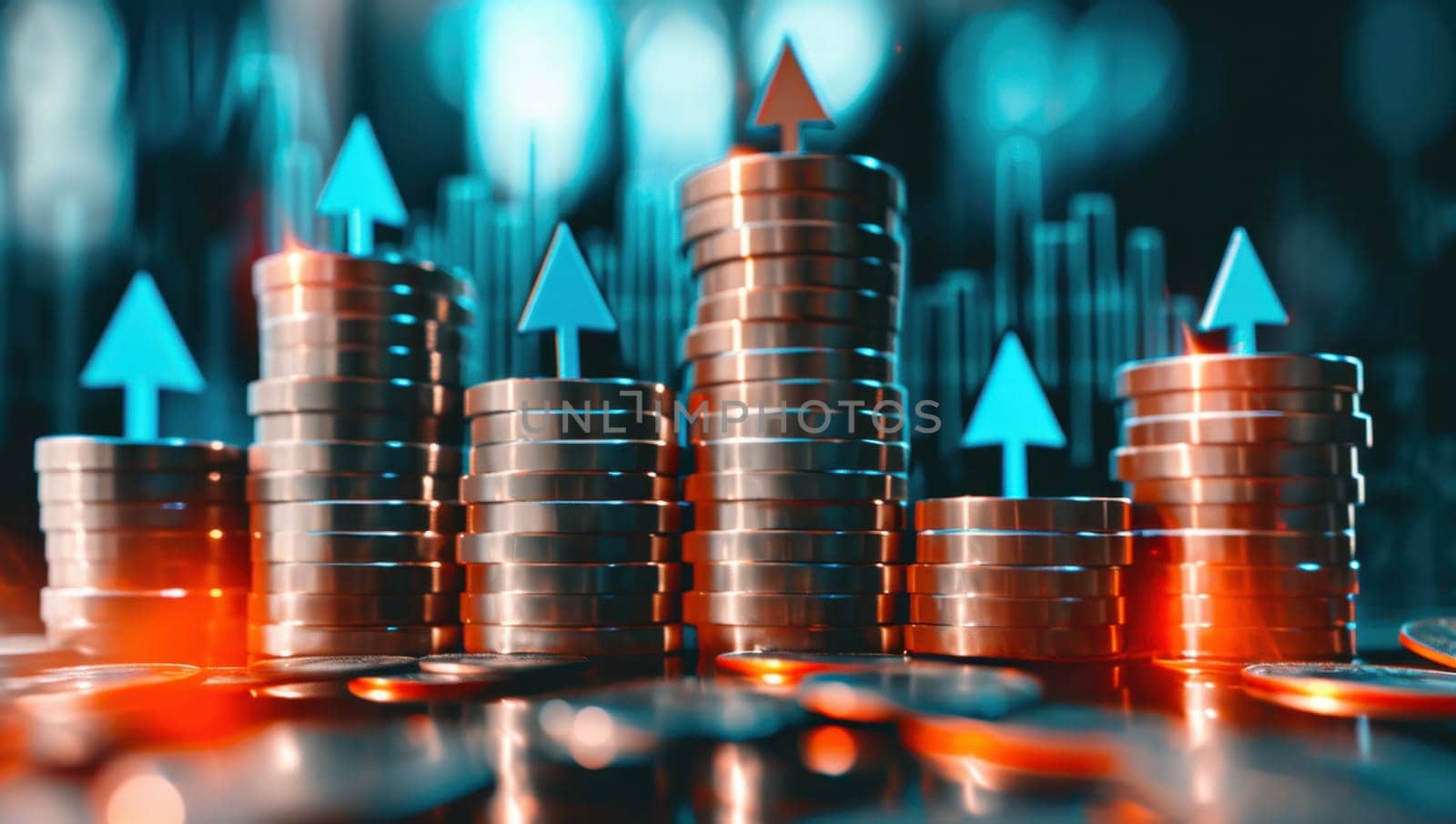 Stacks of Coins with Upward Arrows. Concept of Economic Growth, Investment, and Financial Success