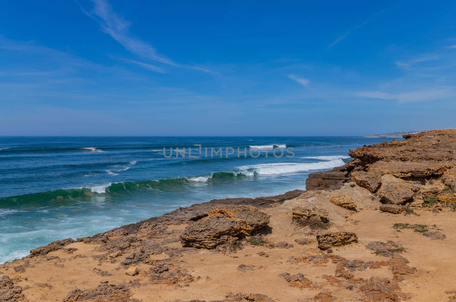 View of ocean waves and fantastic rocky coast in Ericeira, near Lisbon. Portugal