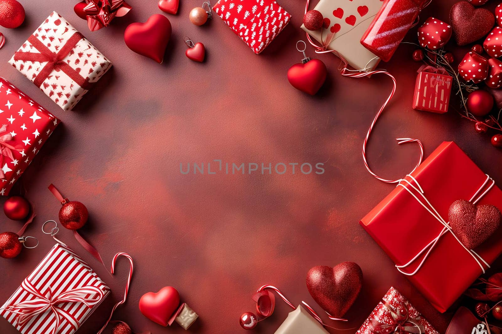 Top view Valentines Day or birthday party layout with red decor. Neural network generated image. Not based on any actual person or scene.