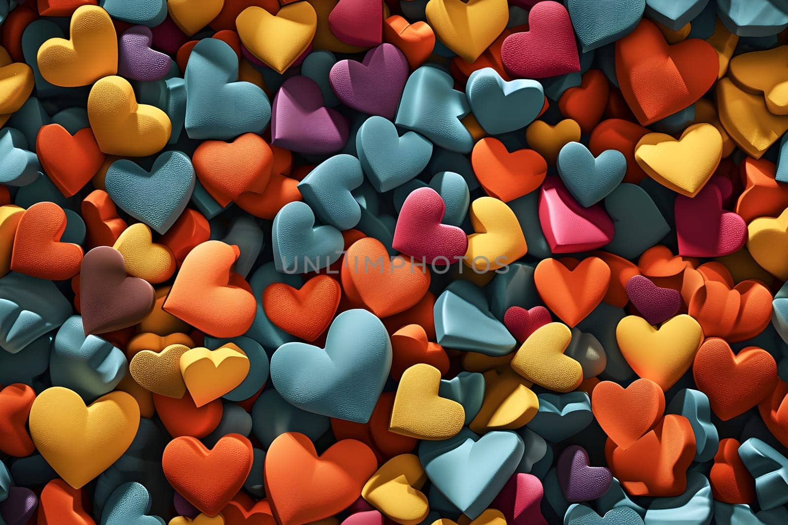 Full-frame background of colorful hearts. Neural network generated image. Not based on any actual person or scene.