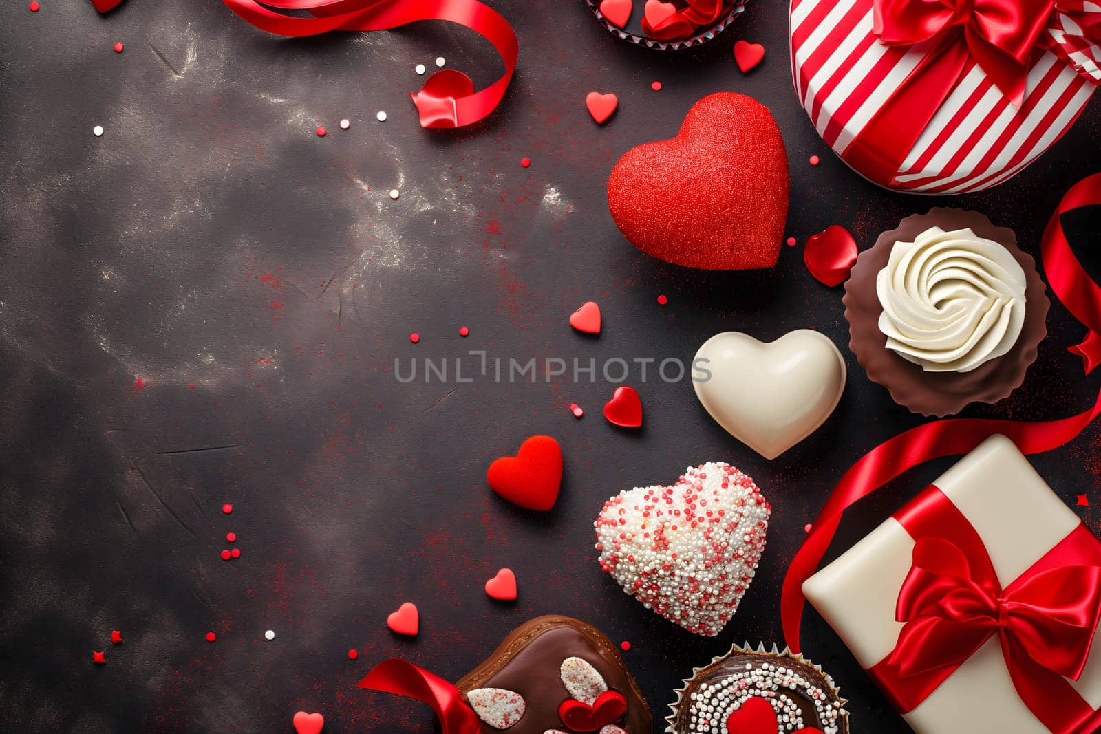 Top view Valentines Day or birthday party layout with red decor. Neural network generated image. Not based on any actual person or scene.