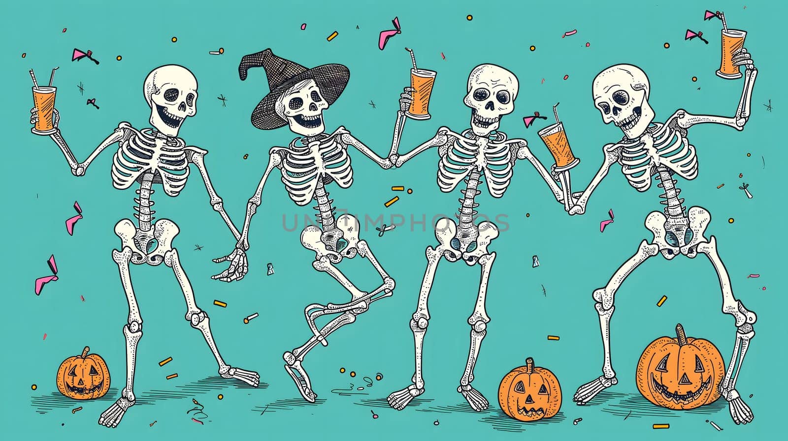 Skeletons sitting at the table and having a Halloween party. Neural network generated image. Not based on any actual scene or pattern.