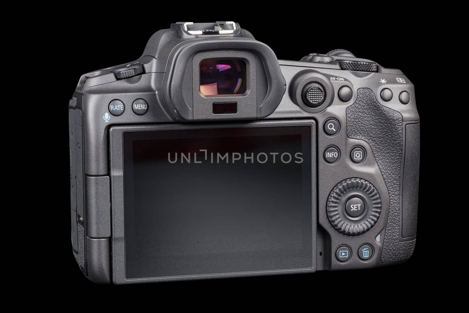 Canon R5 - black professional 35mm full-frame mirrorless camera body with flip screen isolated on black background with focus stacking - Tula, Russia, September 15, 2021