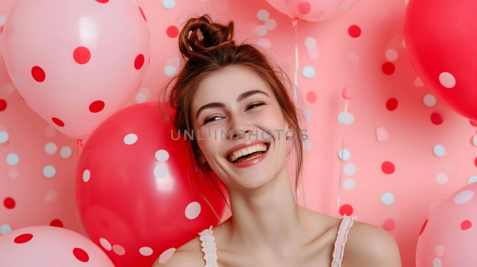 Young adult woman with red and pink air balloons laughing, on pink polka dots background. Happy holiday party. Joyful beauty having fun, celebrating Valentine's Day. Neural network generated image.
