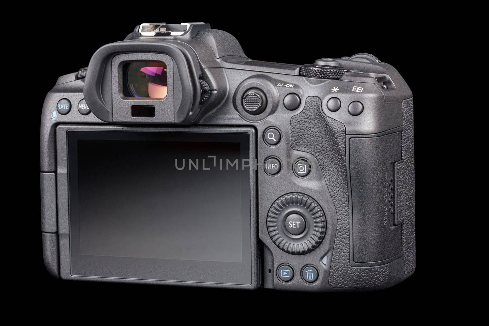 Canon R5 - black professional 35mm full-frame mirrorless camera body with flip screen isolated on black background with focus stacking - Tula, Russia, September 15, 2021
