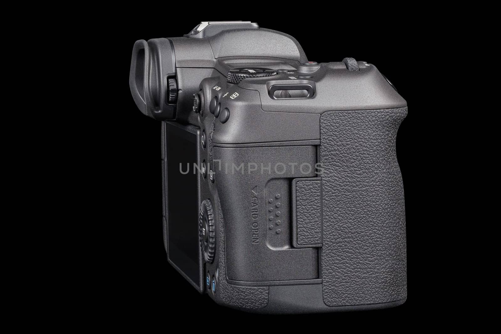 Canon R5 - black professional 35mm full-frame mirrorless camera body with flip screen isolated on black background with focus stacking - Tula, Russia, September 15, 2021