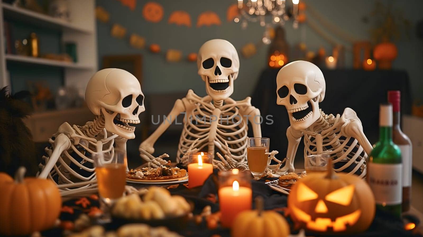 Skeletons sitting at the table and having a Halloween party. Neural network generated image. Not based on any actual scene or pattern.
