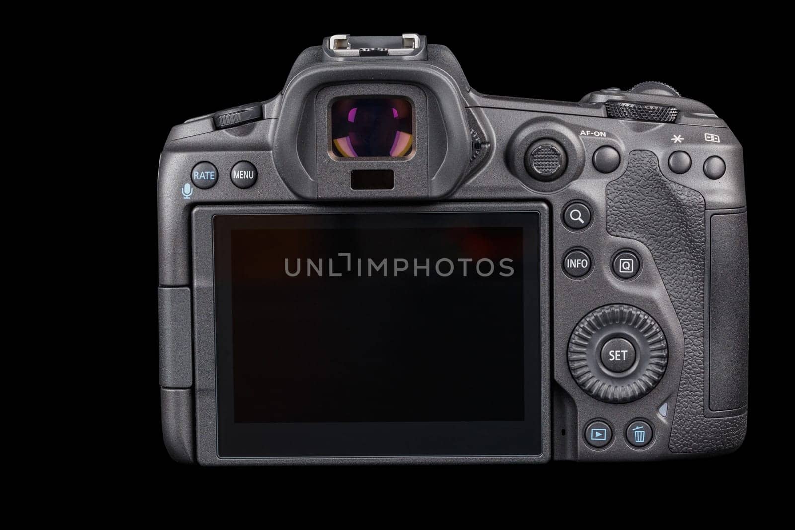 Canon R5 - black professional 35mm full-frame mirrorless camera body with flip screen isolated on black background with focus stacking - Tula, Russia, September 15, 2021