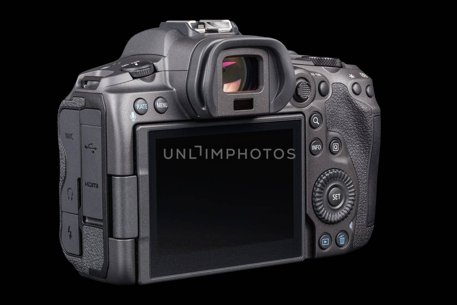 Canon R5 - black professional 35mm full-frame mirrorless camera body with flip screen isolated on black background with focus stacking - Tula, Russia, September 15, 2021
