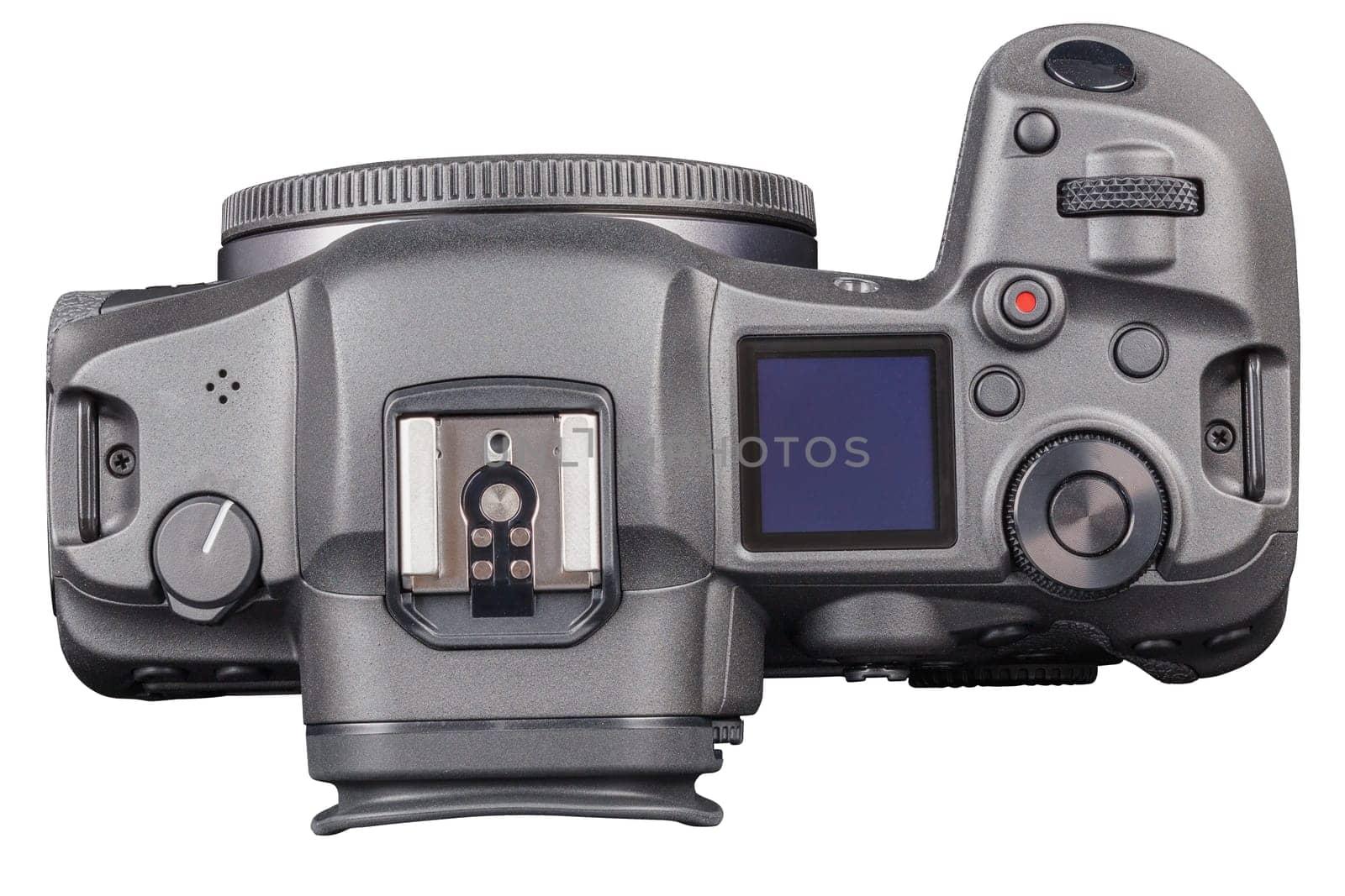 black 2020s professional 35mm full-frame mirrorless camera body with flip screen isolated on white background.