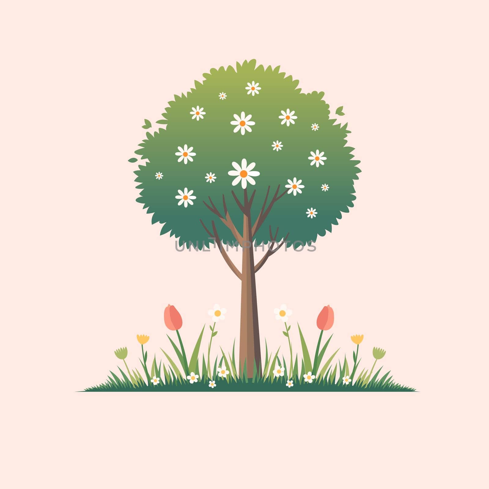 A spring tree with green leaves with blooming flowers Vector illustration, Cherry blossom tree vector