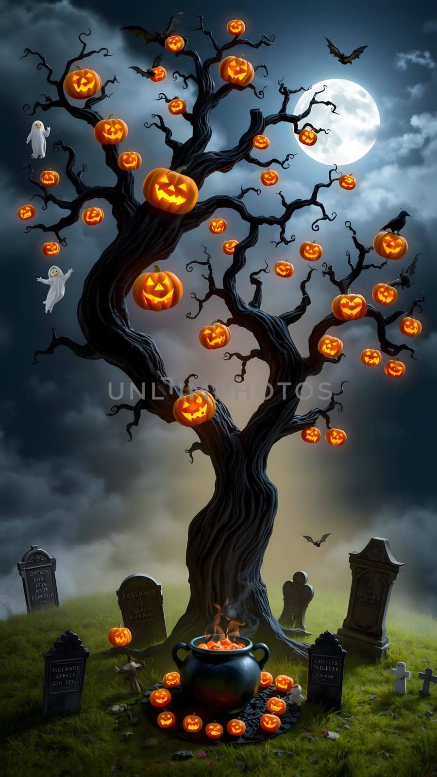 A twisted, leafless tree stands in a foggy graveyard, decorated with glowing jack-o'-lanterns. A bubbling cauldron rests at its base, surrounded by tombstones under a full moon.