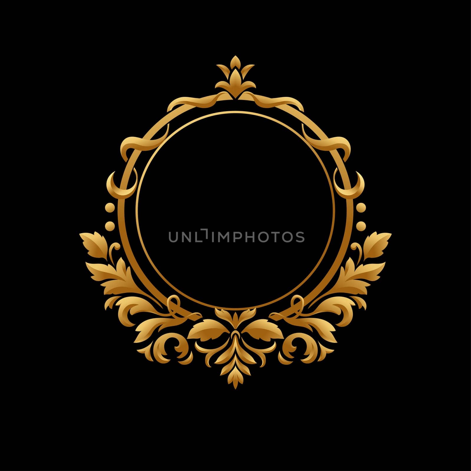 Elegant Circular Classic Decorative Floral Ornamental Vintage Swirl Frame Motif, golden color