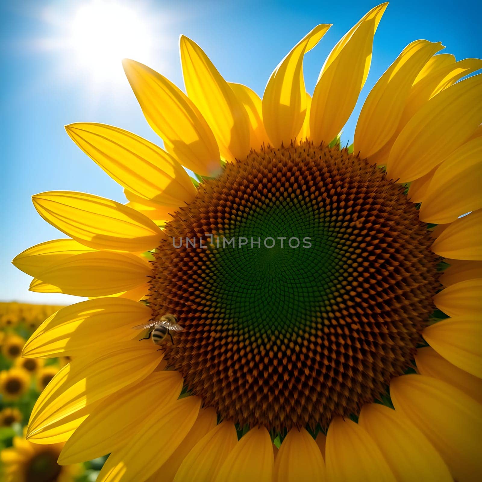 A vibrant sunflower displays its intricate pattern while a bee collects pollen under a clear blue sky, surrounded by a sprawling field of sunflowers during the day.