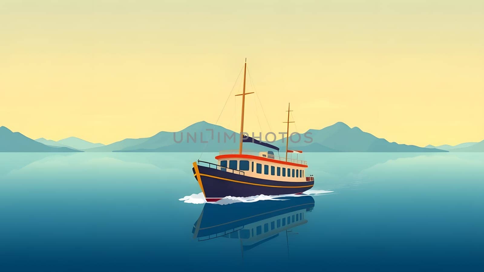 A serene boat glides through calm waters as the sun sets behind distant mountains, creating a peaceful atmosphere. The vibrant colors reflect on the water, enhancing the tranquil scene.