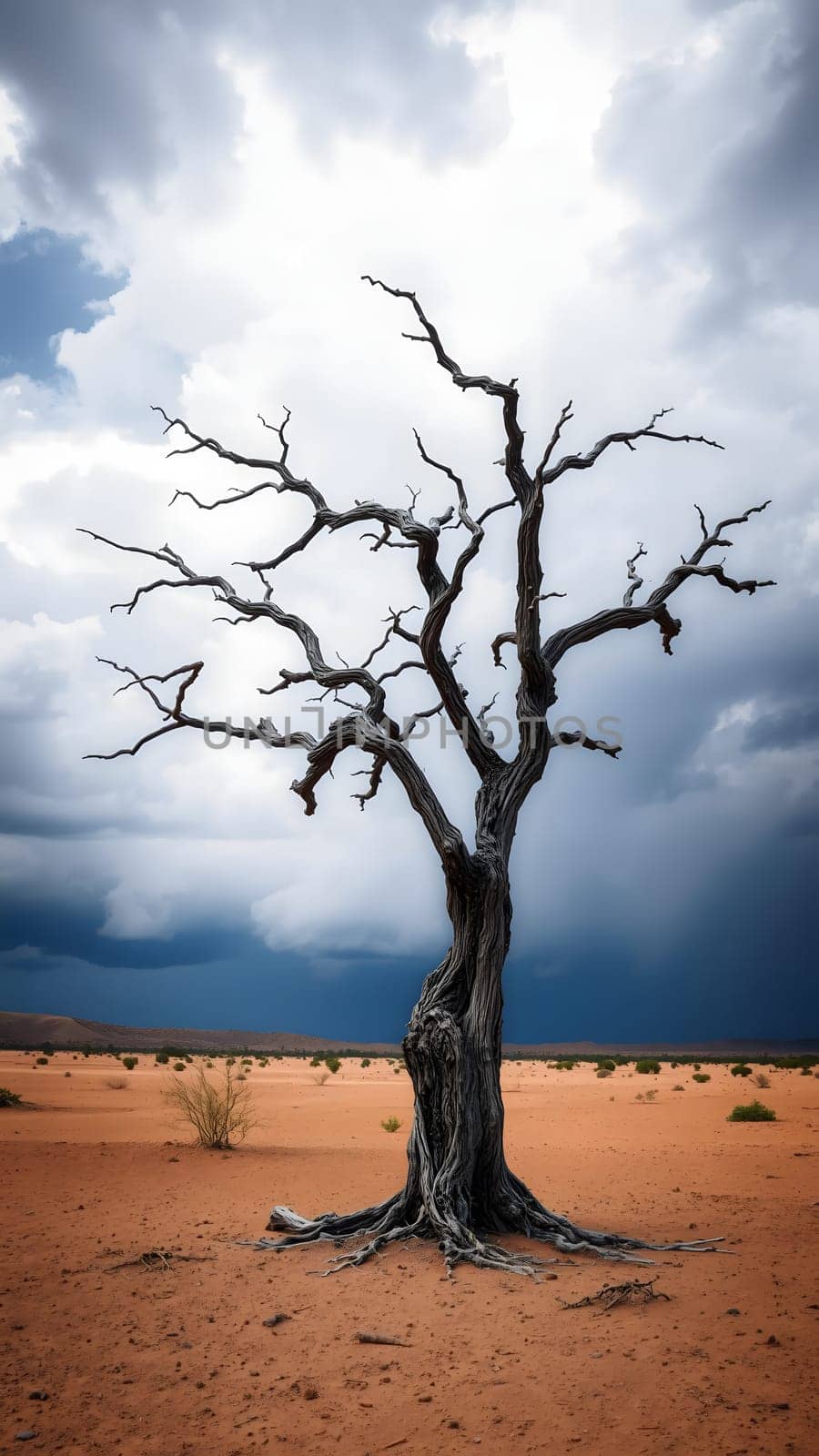 A lone, leafless tree emerges from the arid desert sand as dark storm clouds gather overhead, creating a dramatic contrast in the barren landscape. Distant shrubs dot the horizon.