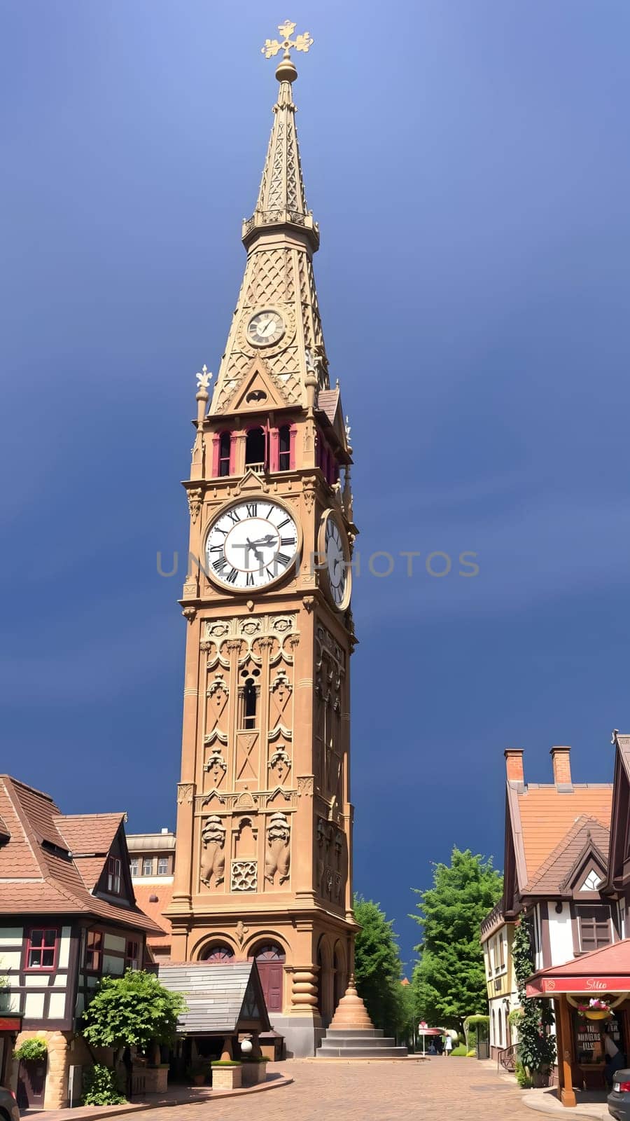 A tall, ornate clock tower stands proudly against a dramatic blue sky, surrounded by charming, traditional buildings, creating a picturesque view filled with historical charm.