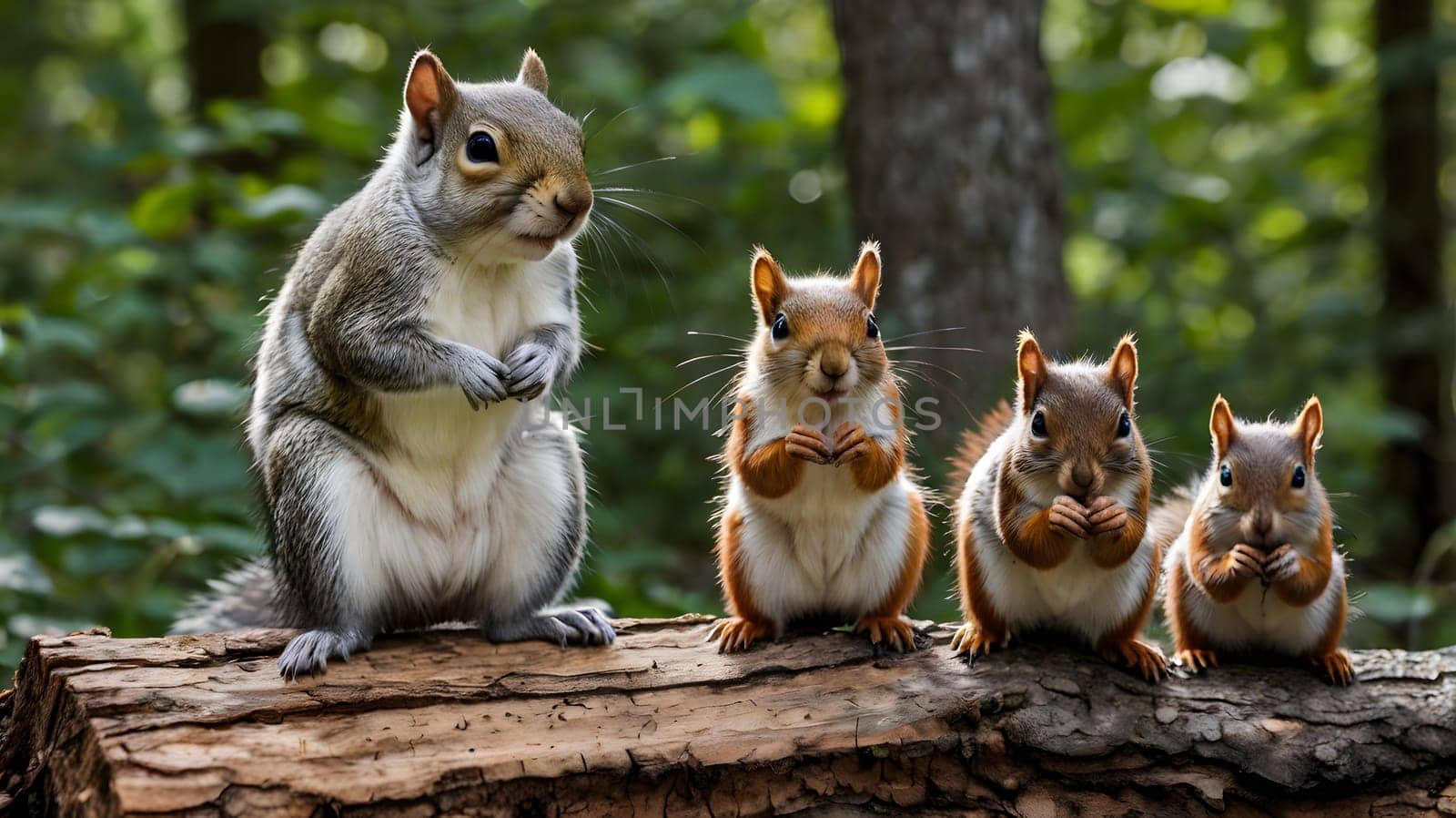 beautiful little brown squirrels sitting on a tree stump in the forest