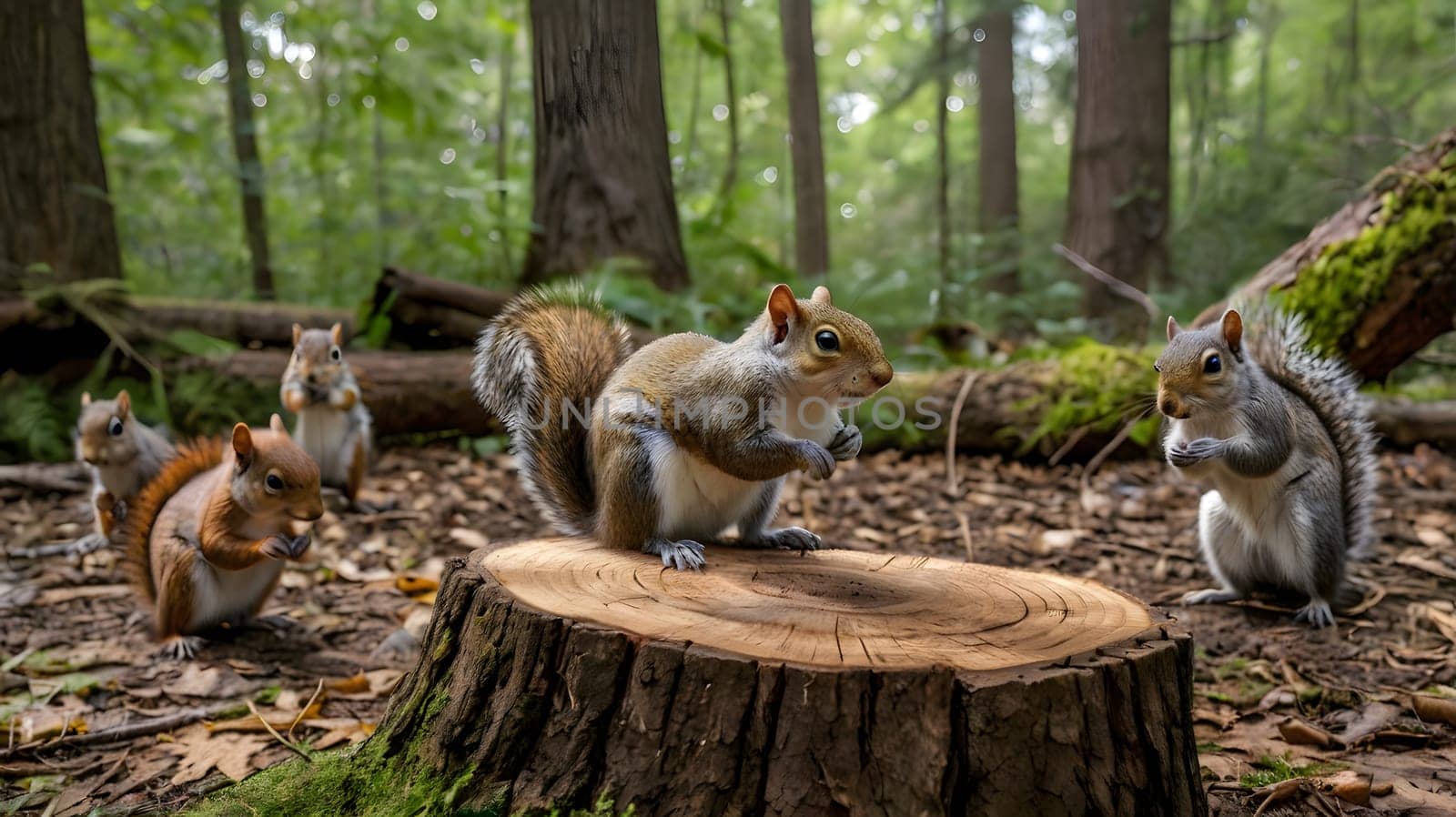 beautiful little brown squirrels sitting on a tree stump in the forest