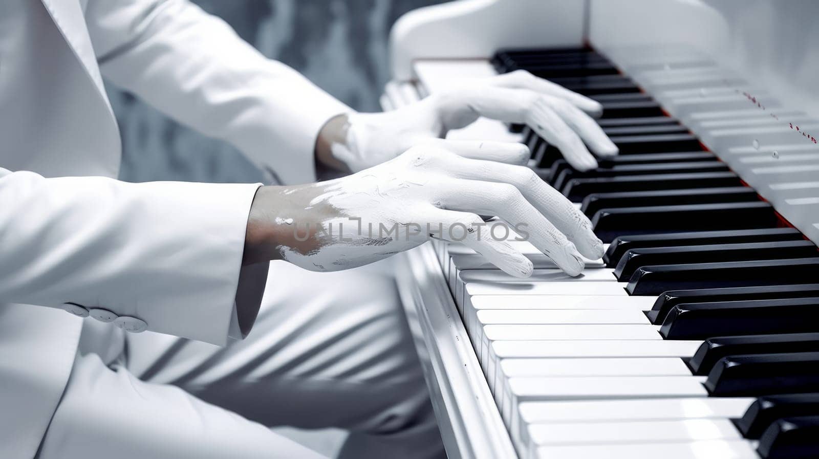 A man in a white suit playing the piano with painted hands