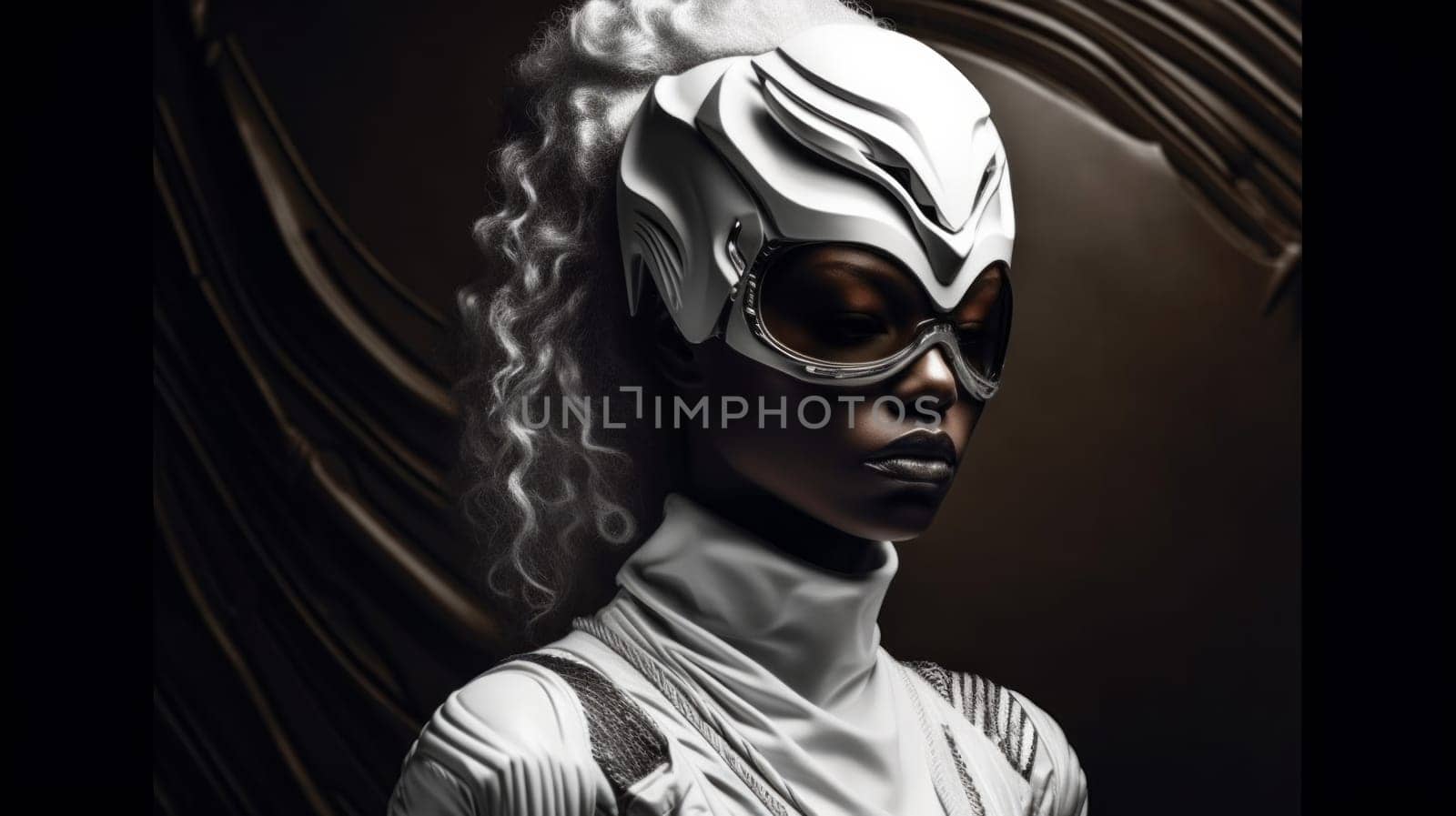 Woman in white suit and futuristic white glasses-mask on her face with curly long white hair. afrofuturism