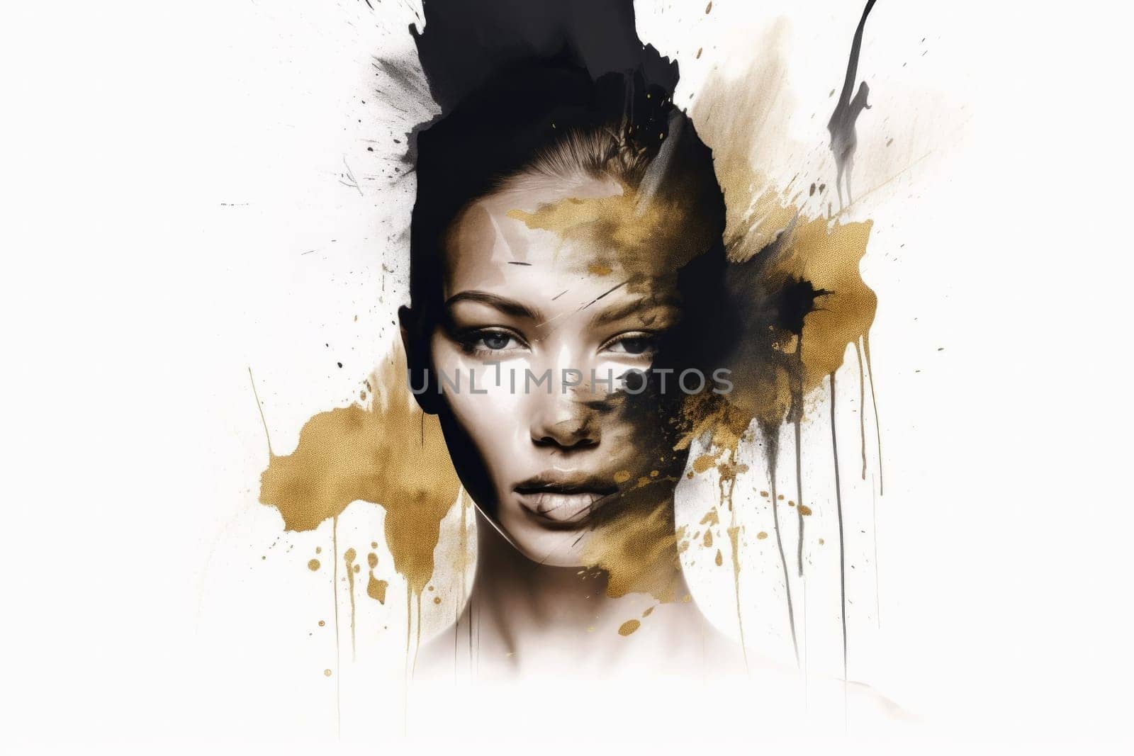 Woman with splashes of black and gold paint on her face, in watercolor style